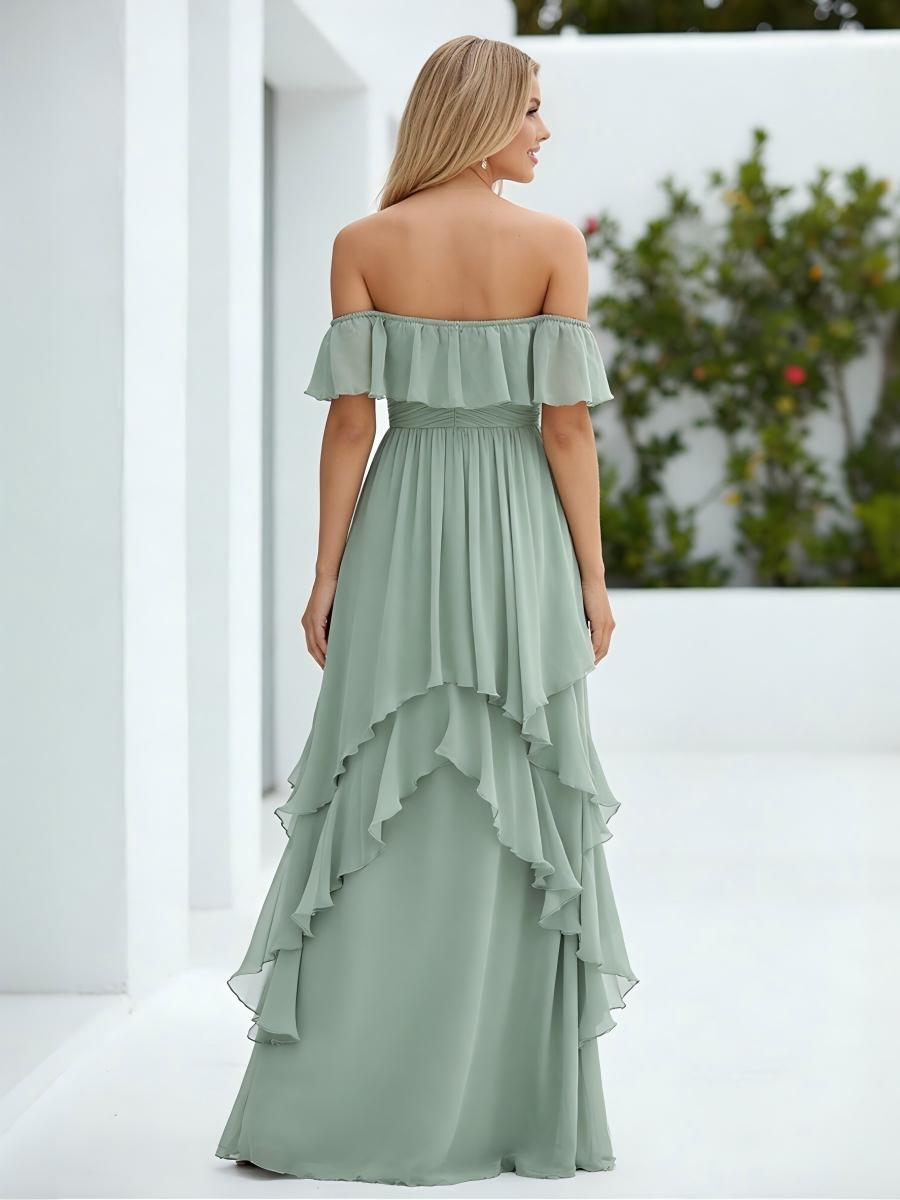 Chiffon Off the Shoulder Pleated Tiered Bridesmaid Dresses