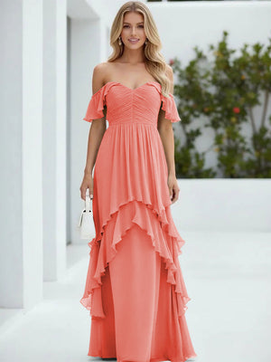 Chiffon Off the Shoulder Pleated Tiered Bridesmaid Dresses