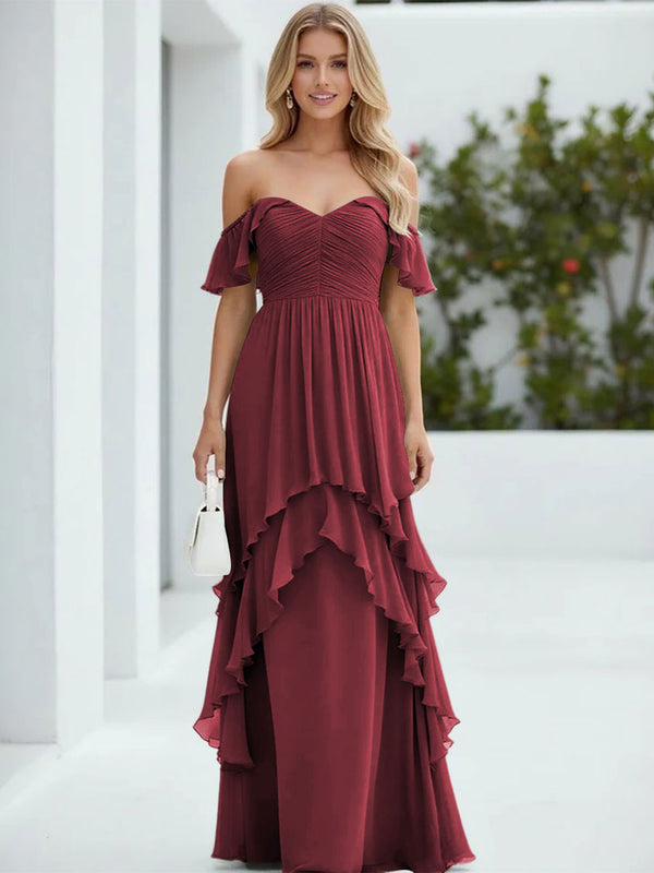Chiffon Off the Shoulder Pleated Tiered Bridesmaid Dresses