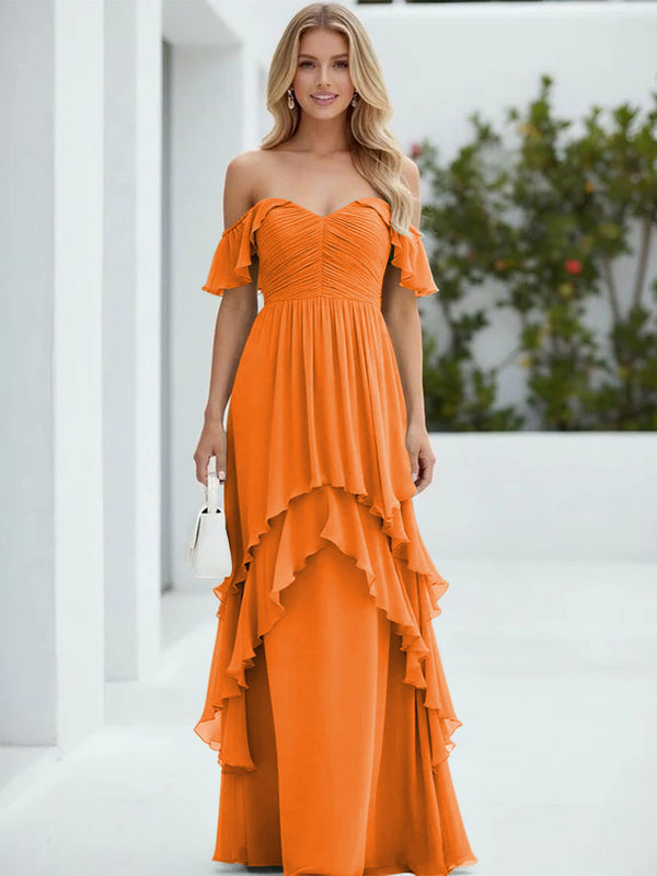 Chiffon Off the Shoulder Pleated Tiered Bridesmaid Dresses
