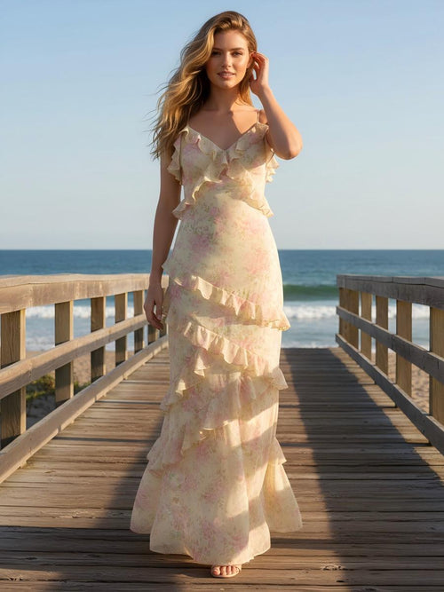 Spaghetti Straps Floral Ruffles Bridesmaid Dresses