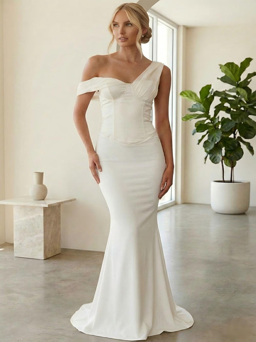 Satin Off the Shoulder Drop Waist Mermaid Bridesmaid Dresses