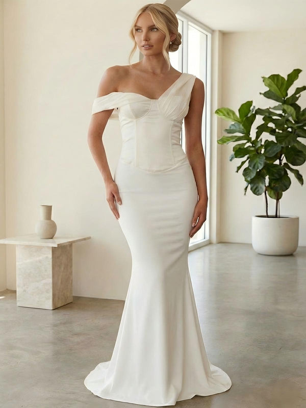 Satin Off the Shoulder Drop Waist Mermaid Bridesmaid Dresses