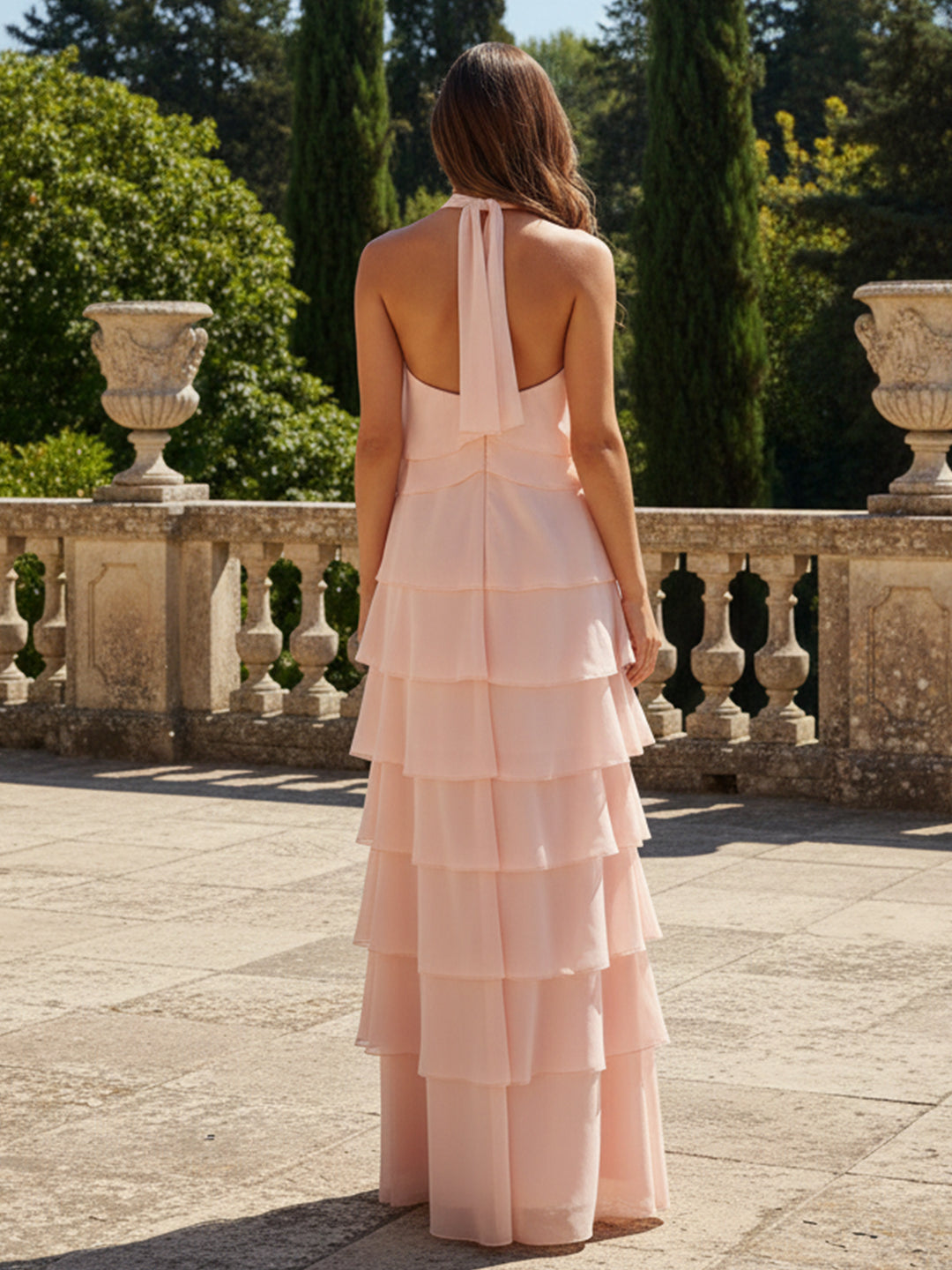 Chiffon 3D Flowers Halter Tiered Ruffles Formal Dresses