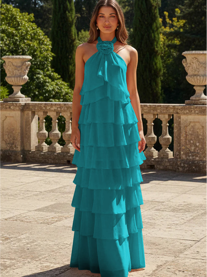 Chiffon 3D Flowers Halter Tiered Ruffles Formal Dresses
