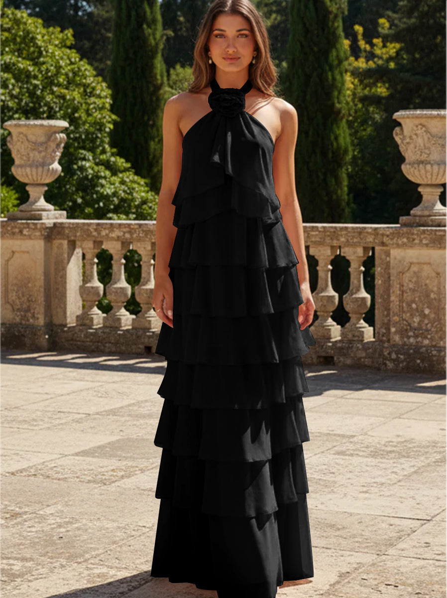 Chiffon 3D Flowers Halter Tiered Ruffles Formal Dresses