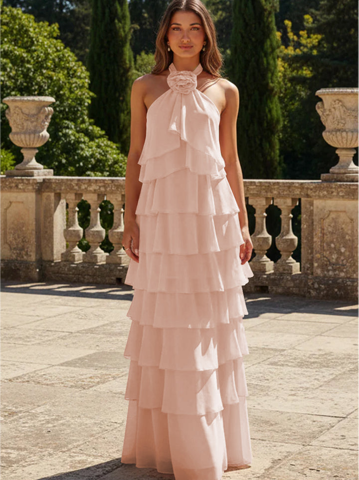 Chiffon 3D Flowers Halter Tiered Ruffles Formal Dresses