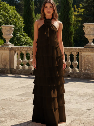 Chiffon 3D Flowers Halter Tiered Ruffles Bridesmaid Dresses