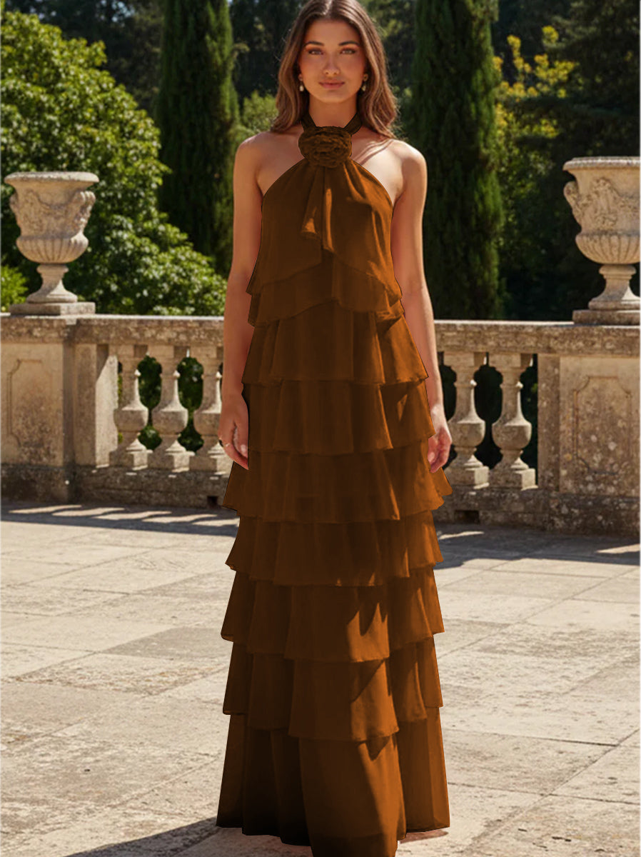 Chiffon 3D Flowers Halter Tiered Ruffles Formal Dresses
