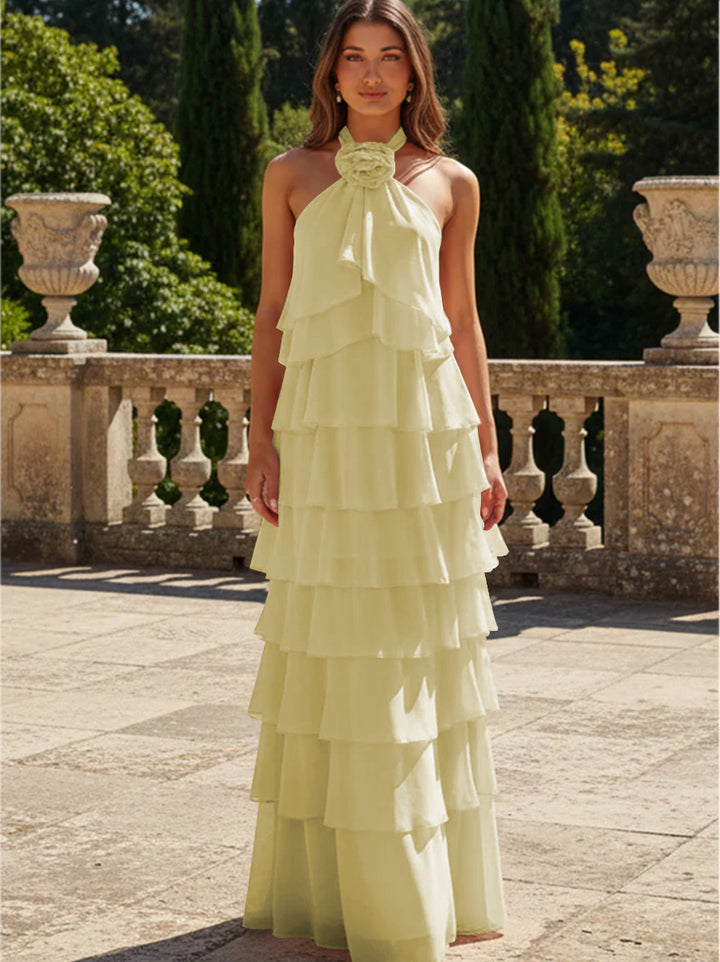 Chiffon 3D Flowers Halter Tiered Ruffles Formal Dresses