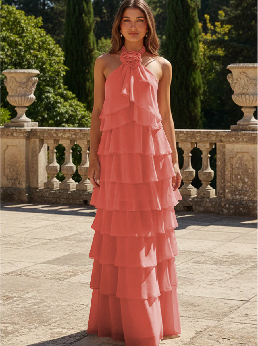 Chiffon 3D Flowers Halter Tiered Ruffles Formal Dresses