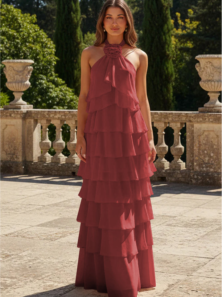 Chiffon 3D Flowers Halter Tiered Ruffles Formal Dresses