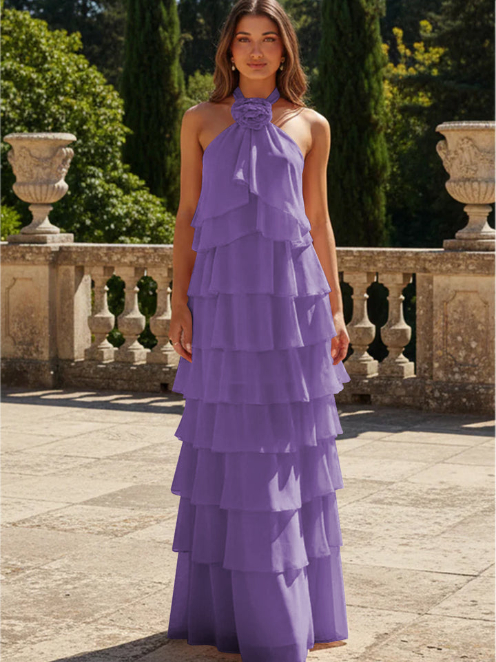 Chiffon 3D Flowers Halter Tiered Ruffles Formal Dresses