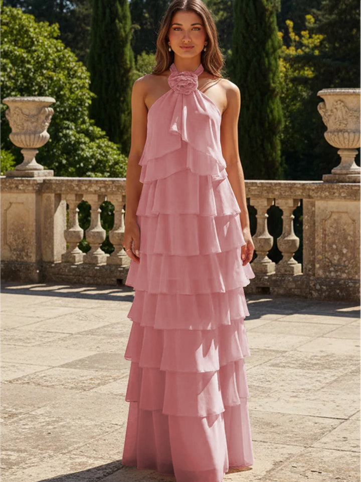 Chiffon 3D Flowers Halter Tiered Ruffles Formal Dresses