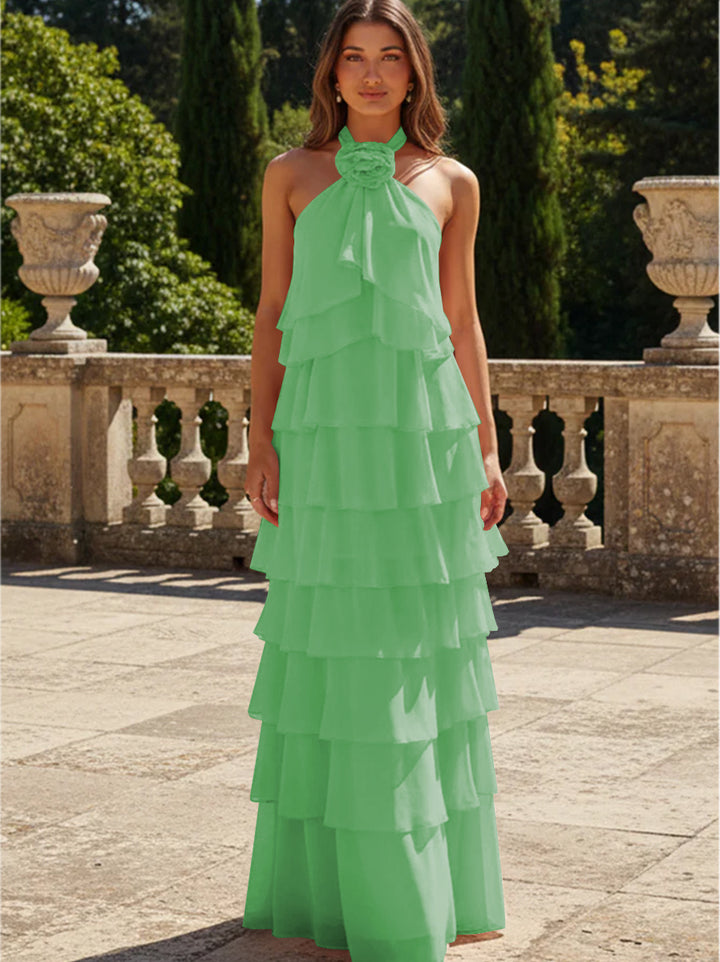 Chiffon 3D Flowers Halter Tiered Ruffles Formal Dresses