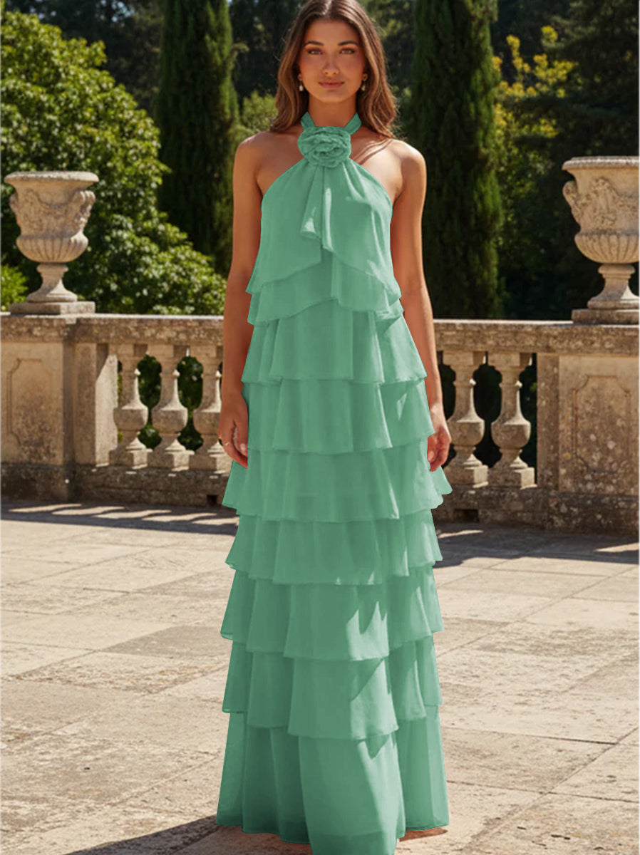 Chiffon 3D Flowers Halter Tiered Ruffles Formal Dresses