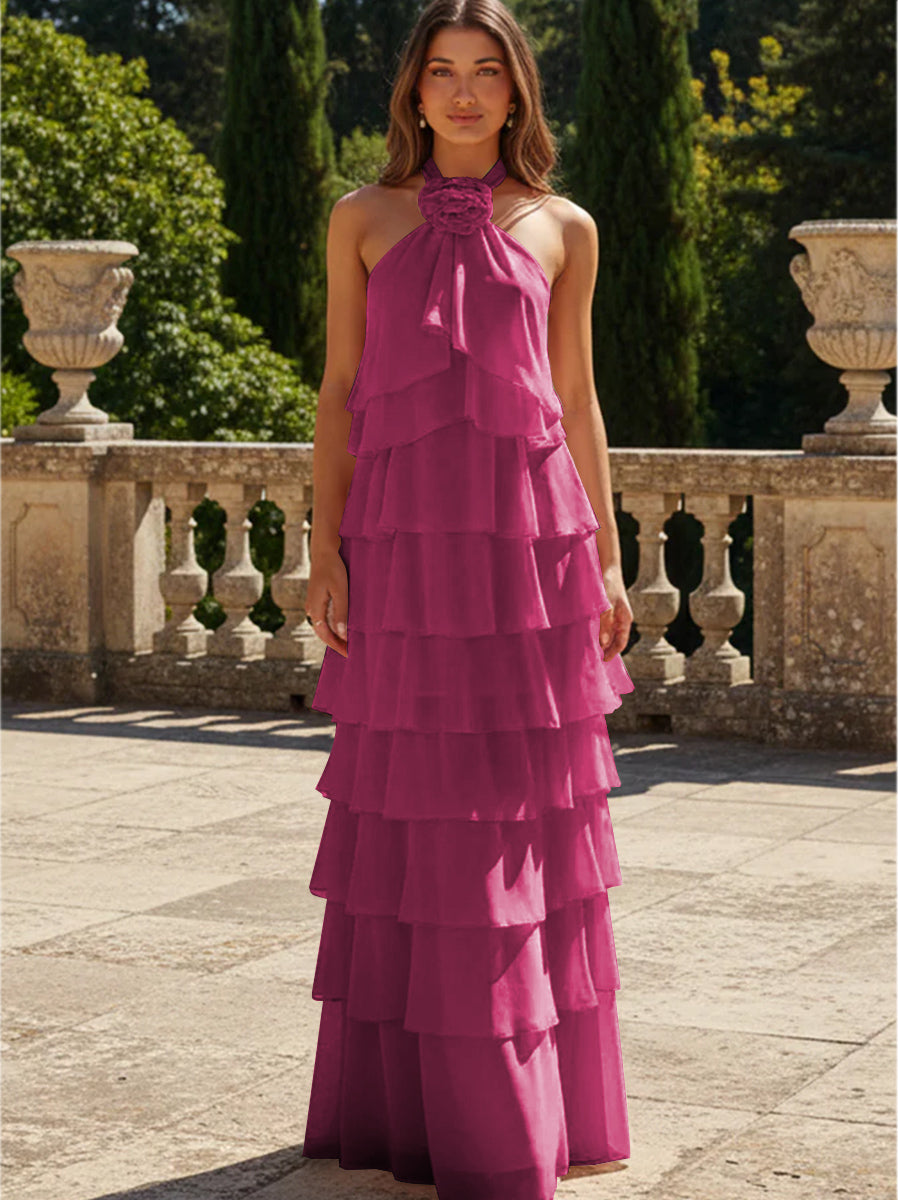 Chiffon 3D Flowers Halter Tiered Ruffles Formal Dresses