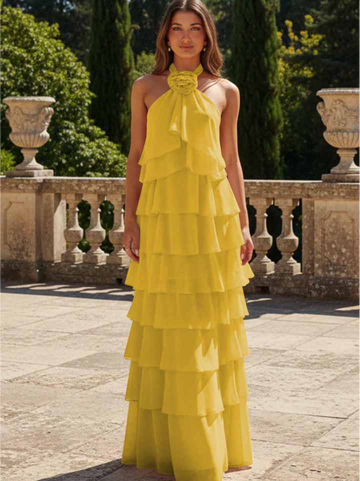 Chiffon 3D Flowers Halter Tiered Ruffles Formal Dresses
