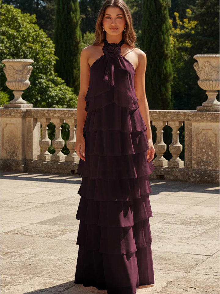 Chiffon 3D Flowers Halter Tiered Ruffles Formal Dresses