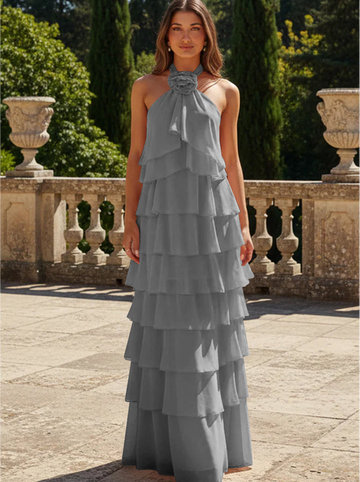 Chiffon 3D Flowers Halter Tiered Ruffles Formal Dresses