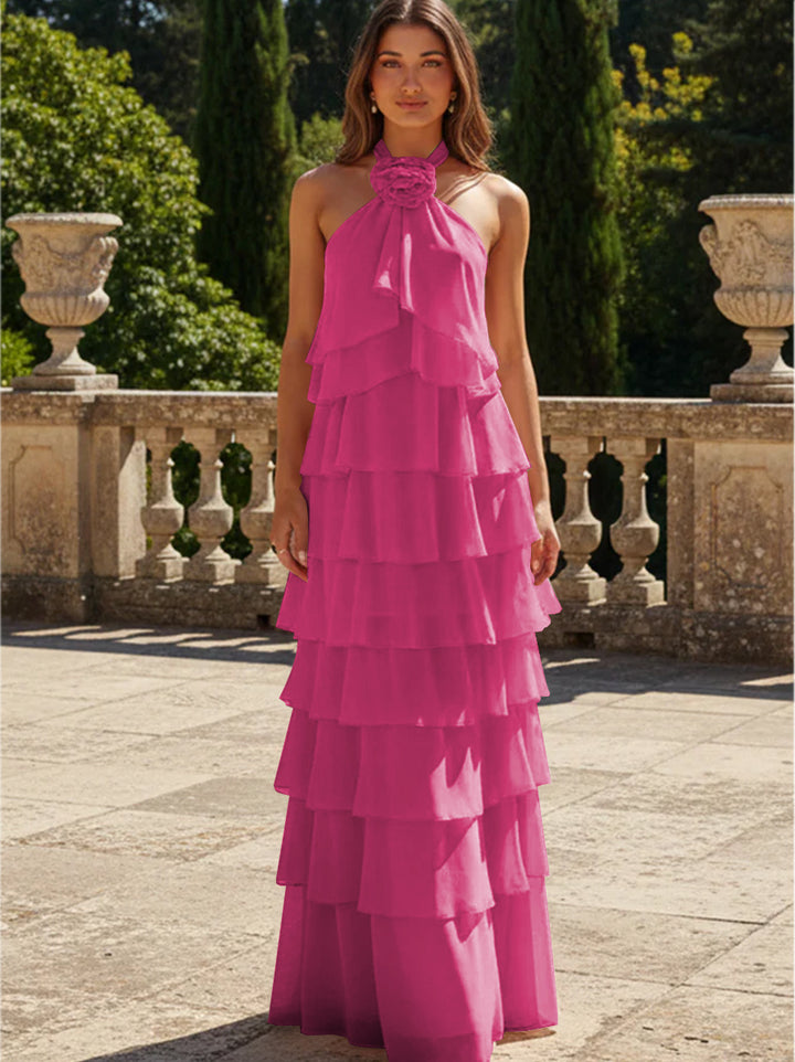 Chiffon 3D Flowers Halter Tiered Ruffles Formal Dresses