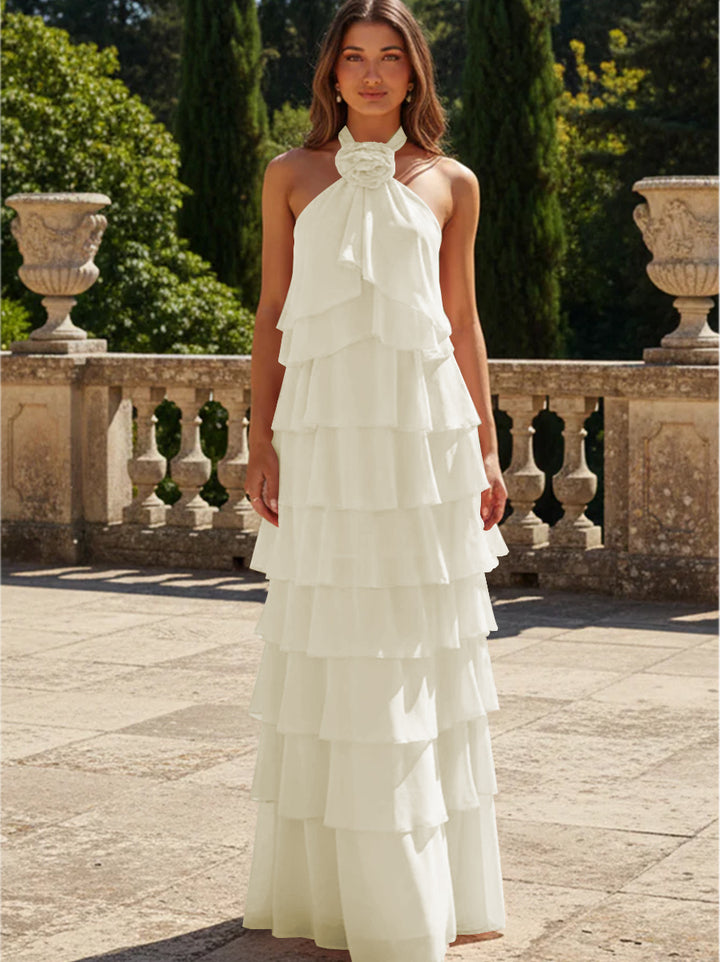 Chiffon 3D Flowers Halter Tiered Ruffles Formal Dresses