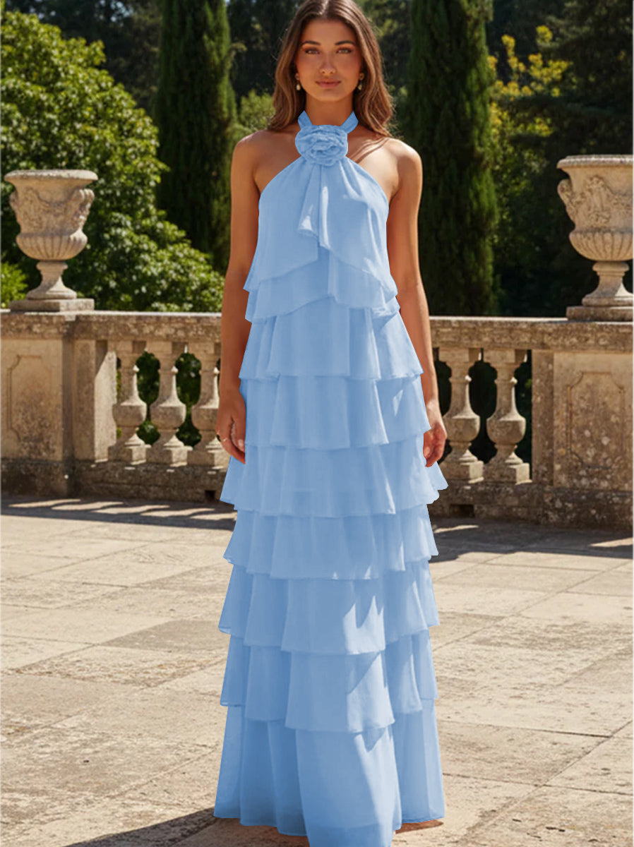 Chiffon 3D Flowers Halter Tiered Ruffles Formal Dresses
