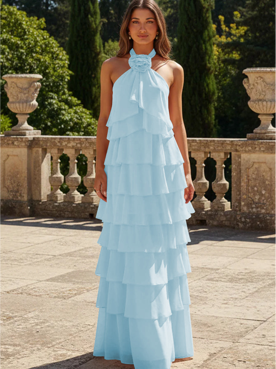 Chiffon 3D Flowers Halter Tiered Ruffles Formal Dresses