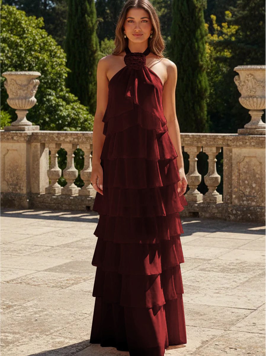 Chiffon 3D Flowers Halter Tiered Ruffles Formal Dresses