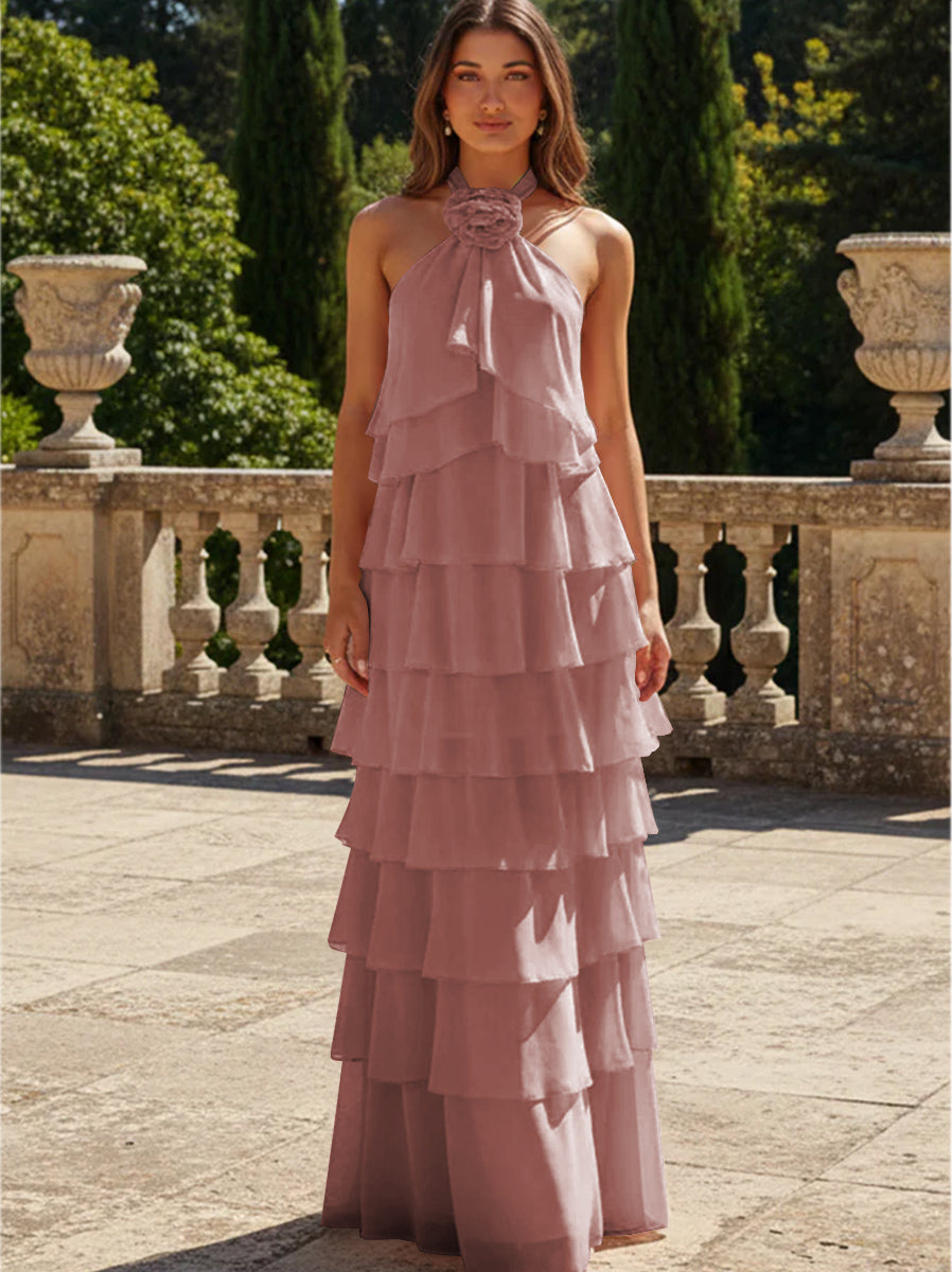 Chiffon 3D Flowers Halter Tiered Ruffles Formal Dresses