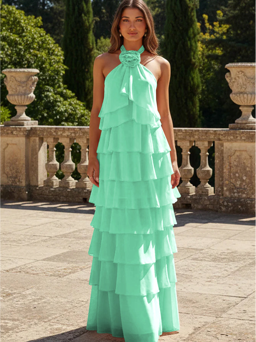 Chiffon 3D Flowers Halter Tiered Ruffles Formal Dresses