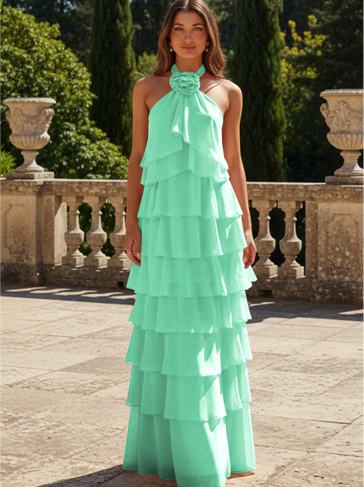 Chiffon 3D Flowers Halter Tiered Ruffles Formal Dresses