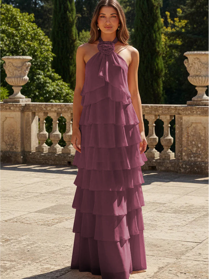 Chiffon 3D Flowers Halter Tiered Ruffles Formal Dresses