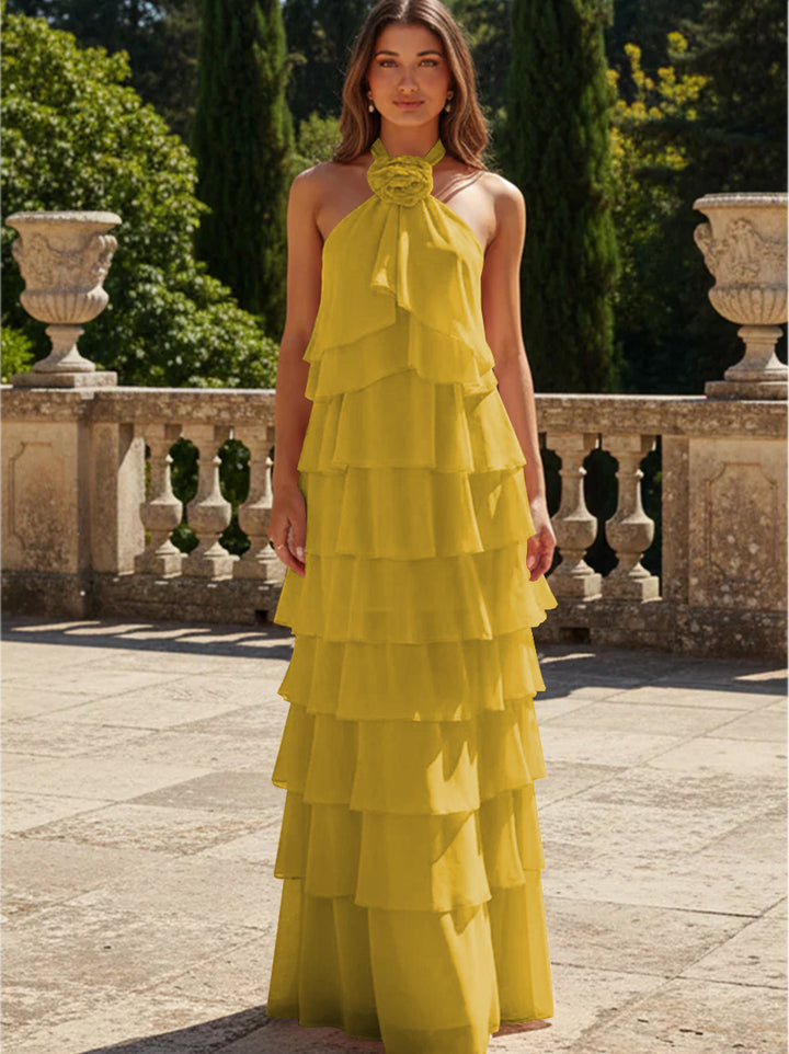 Chiffon 3D Flowers Halter Tiered Ruffles Formal Dresses