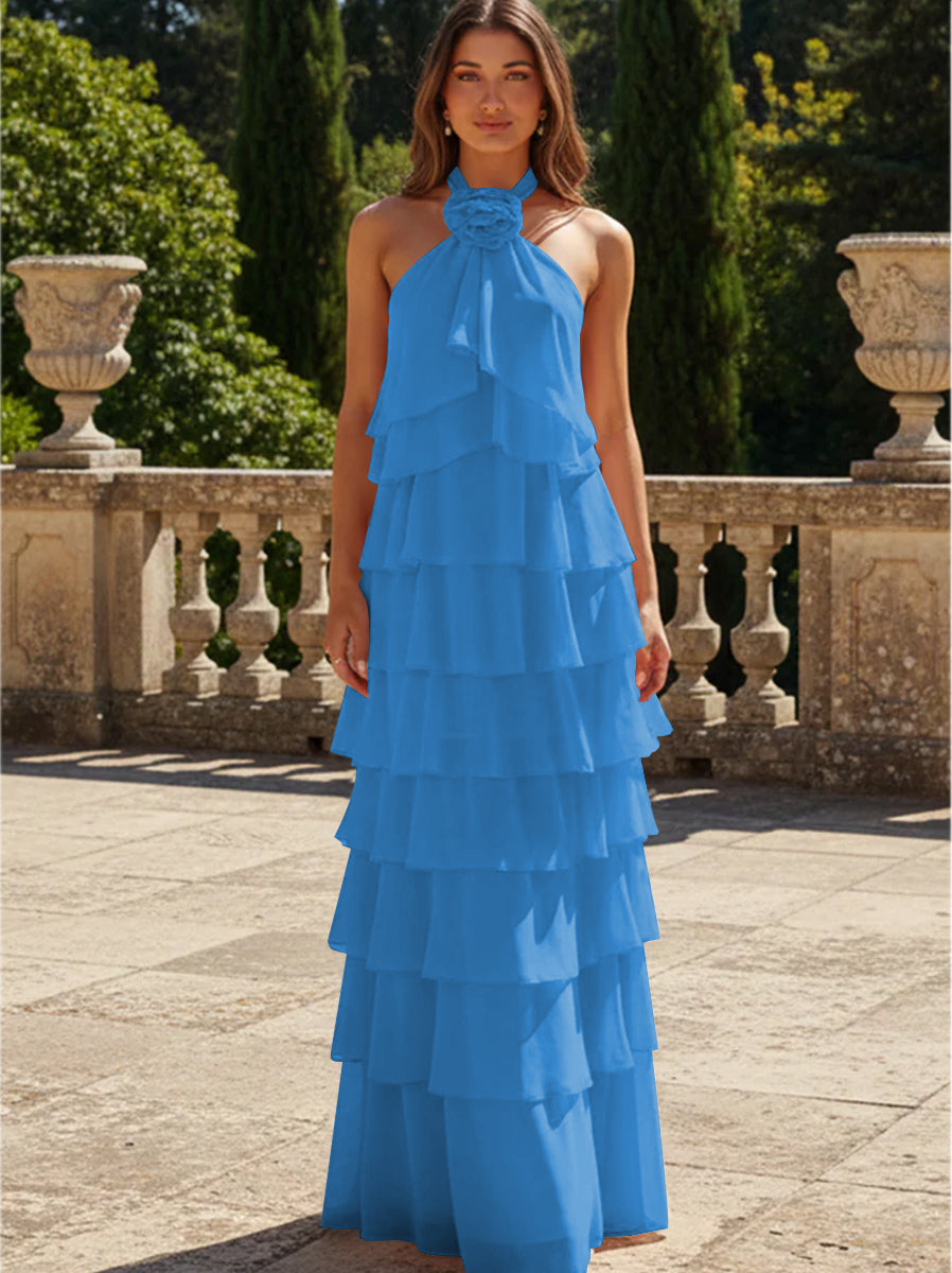Chiffon 3D Flowers Halter Tiered Ruffles Formal Dresses