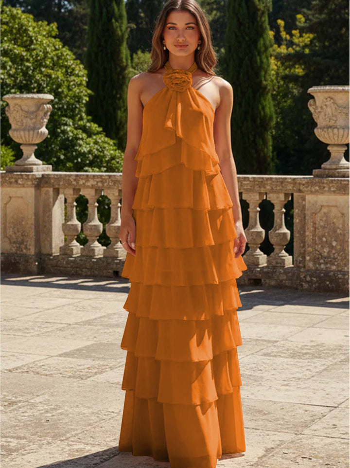 Chiffon 3D Flowers Halter Tiered Ruffles Formal Dresses