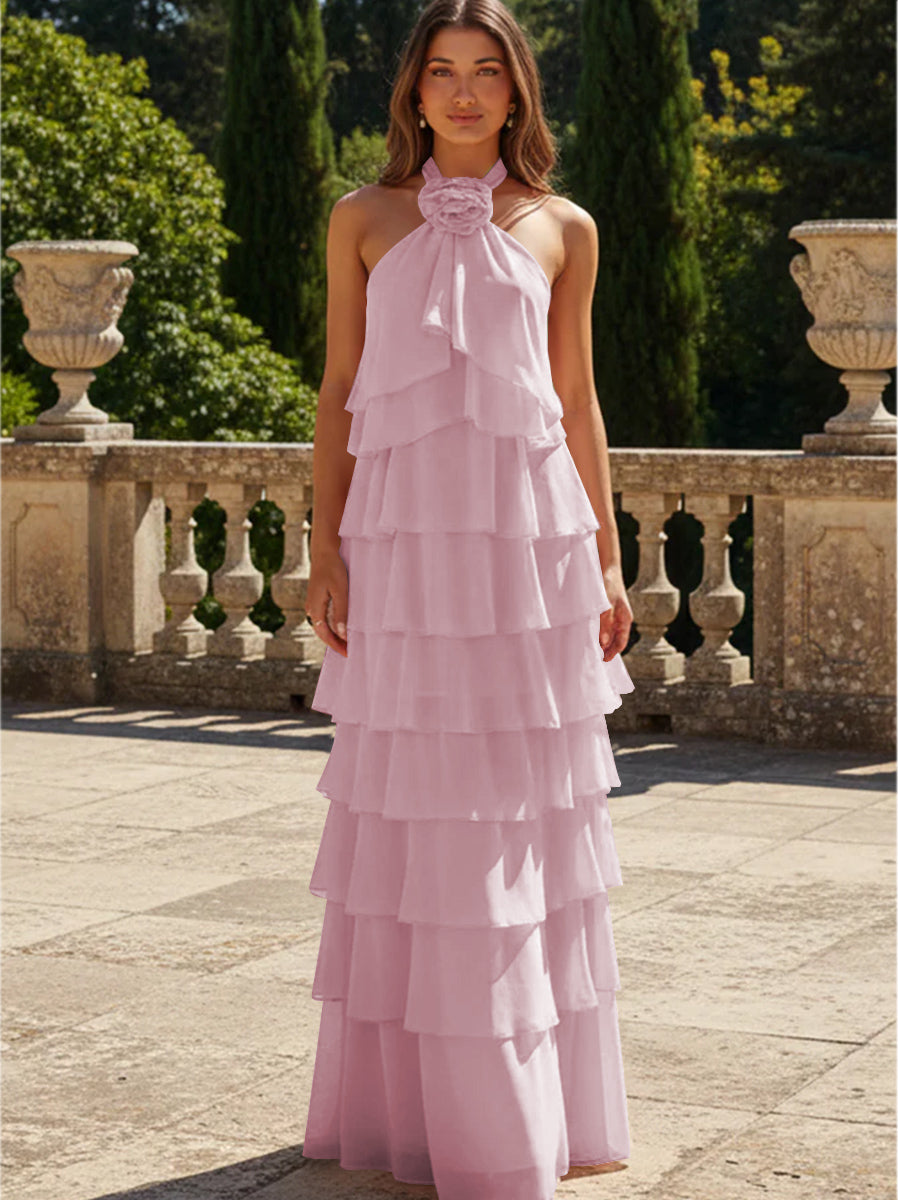 Chiffon 3D Flowers Halter Tiered Ruffles Formal Dresses