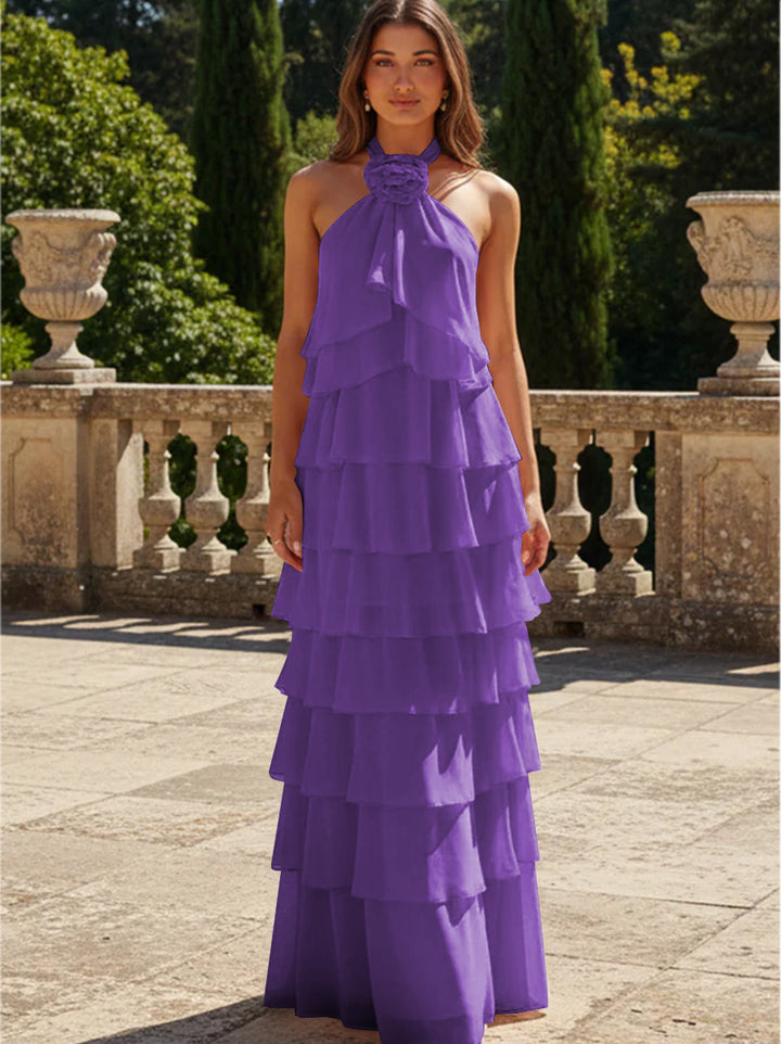 Chiffon 3D Flowers Halter Tiered Ruffles Formal Dresses