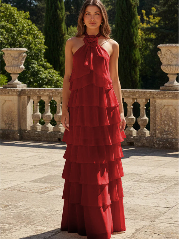 Chiffon 3D Flowers Halter Tiered Ruffles Bridesmaid Dresses