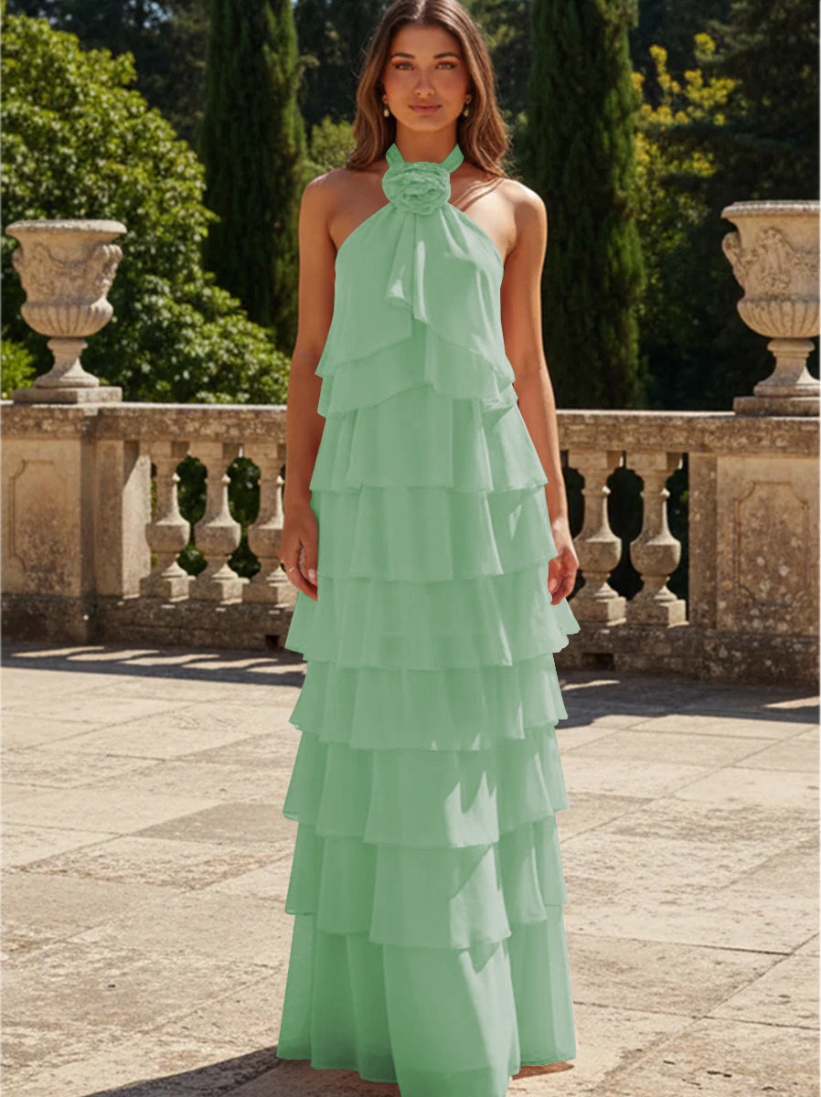 Chiffon 3D Flowers Halter Tiered Ruffles Formal Dresses