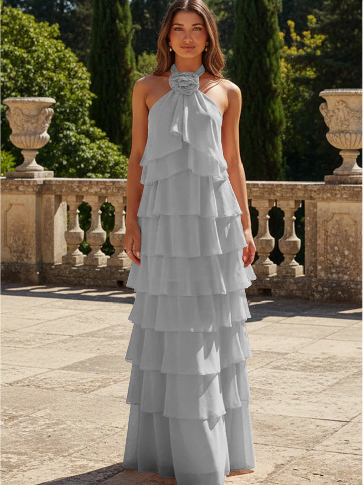Chiffon 3D Flowers Halter Tiered Ruffles Formal Dresses