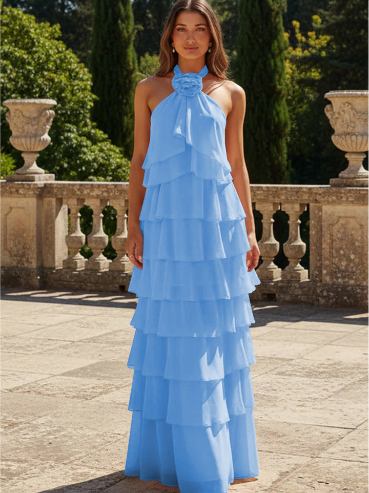 Chiffon 3D Flowers Halter Tiered Ruffles Formal Dresses