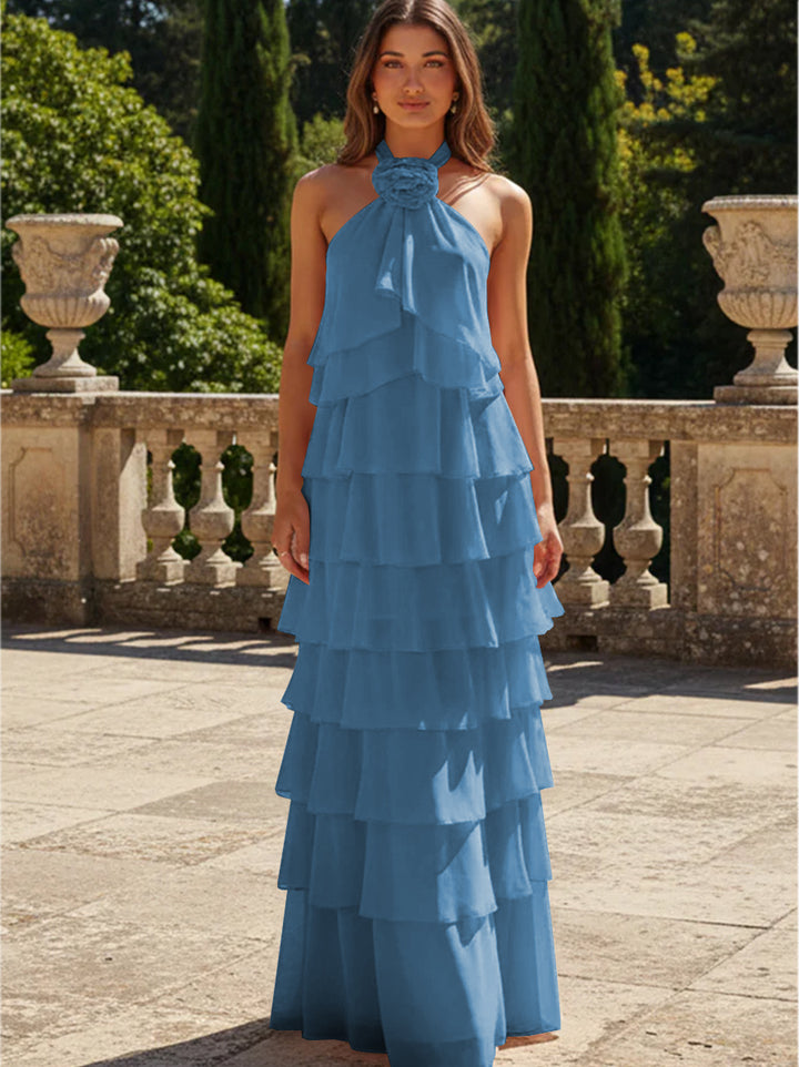 Chiffon 3D Flowers Halter Tiered Ruffles Formal Dresses