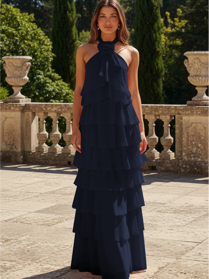Chiffon 3D Flowers Halter Tiered Ruffles Formal Dresses