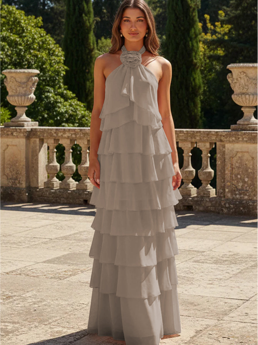 Chiffon 3D Flowers Halter Tiered Ruffles Formal Dresses
