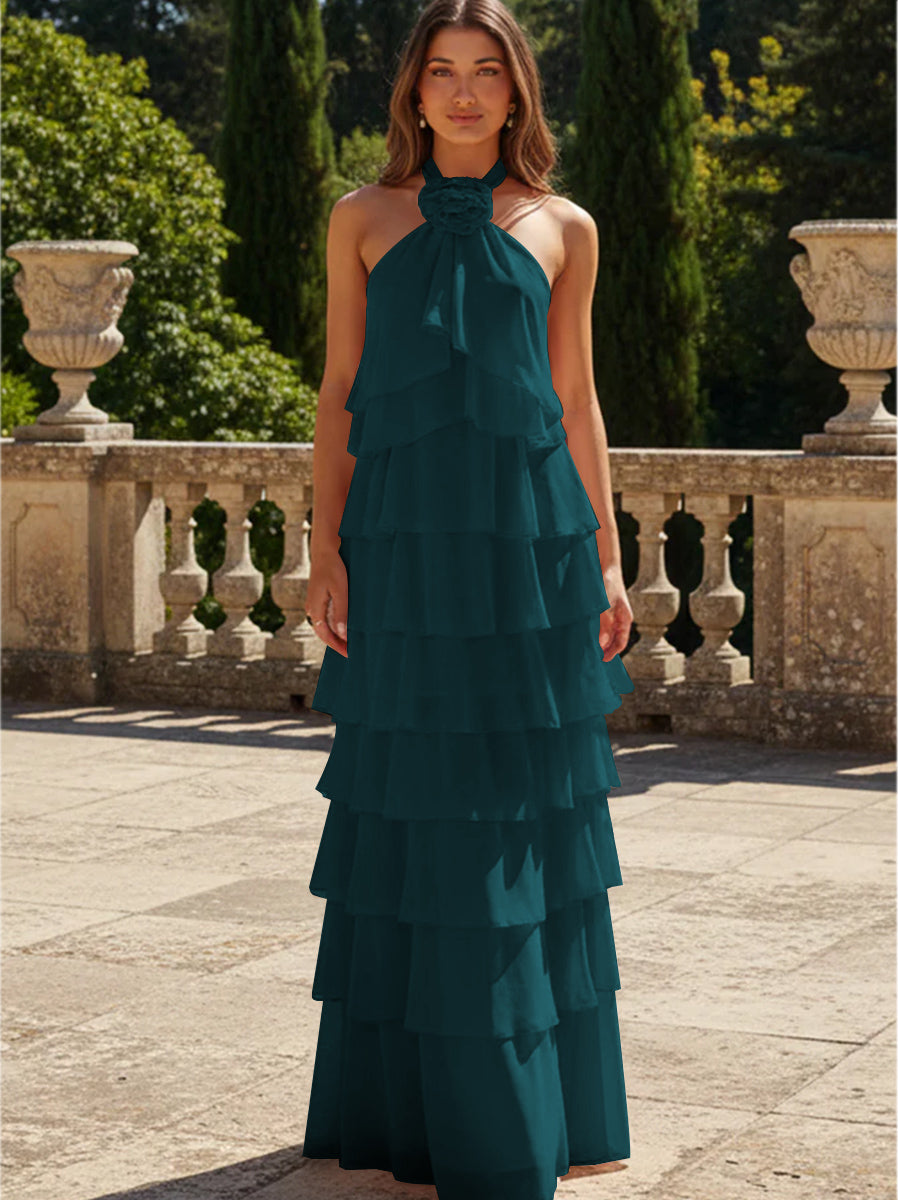 Chiffon 3D Flowers Halter Tiered Ruffles Formal Dresses