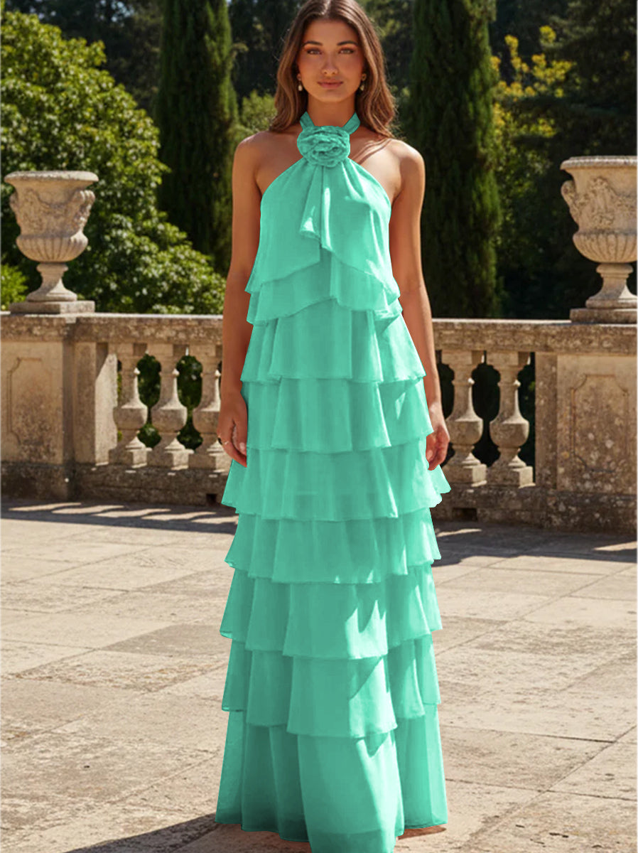 Chiffon 3D Flowers Halter Tiered Ruffles Formal Dresses