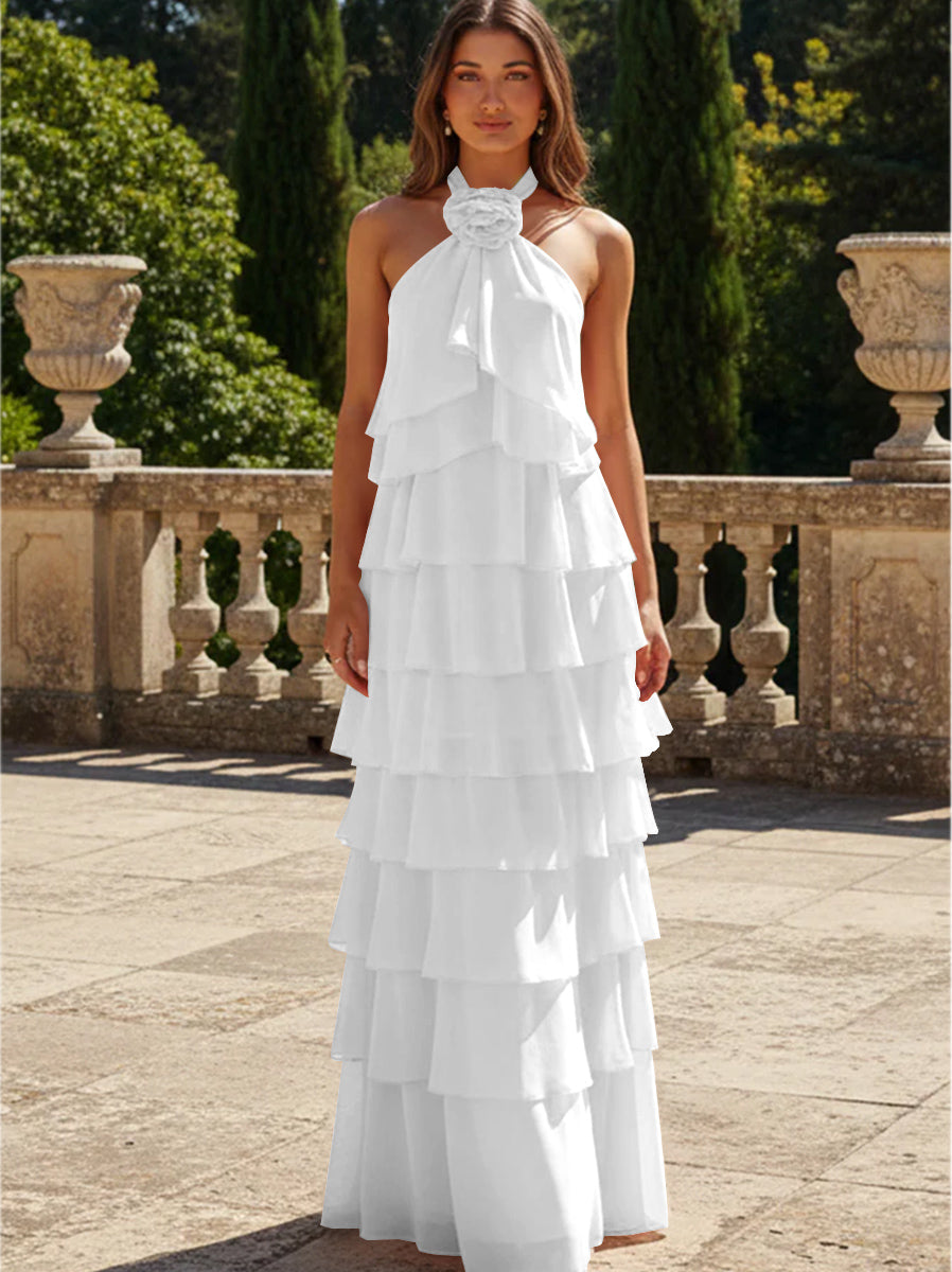 Chiffon 3D Flowers Halter Tiered Ruffles Formal Dresses