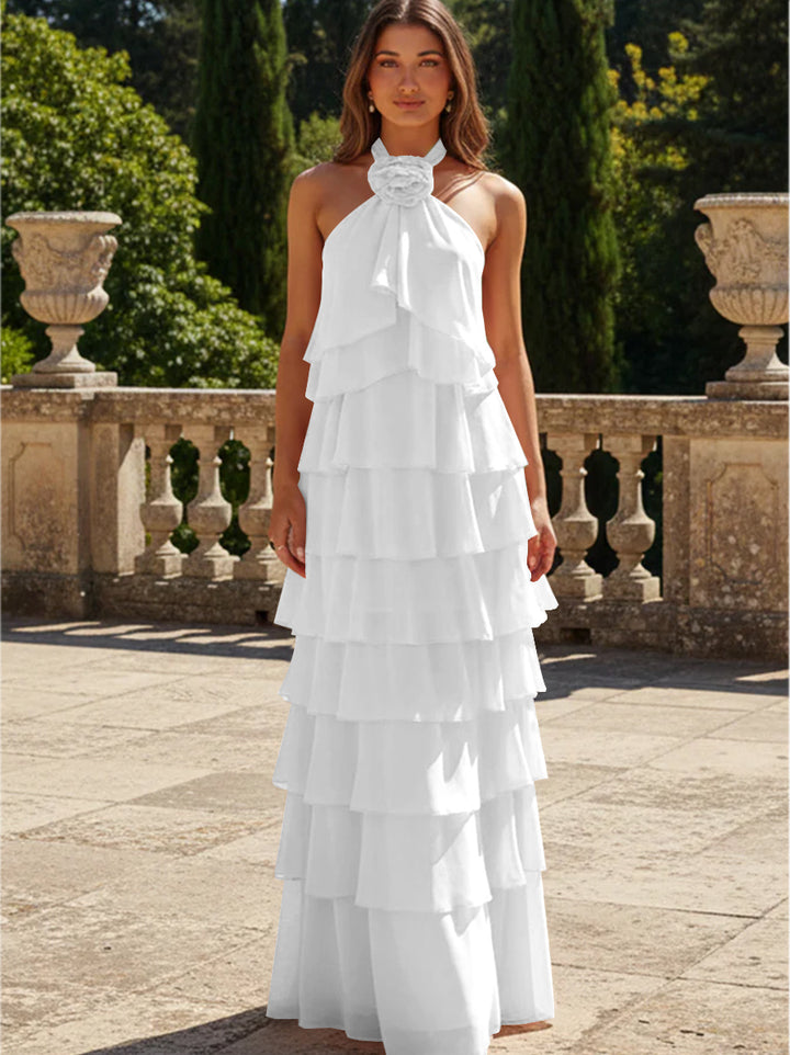 Chiffon 3D Flowers Halter Tiered Ruffles Formal Dresses