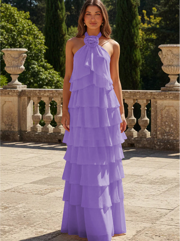 Chiffon 3D Flowers Halter Tiered Ruffles Bridesmaid Dresses